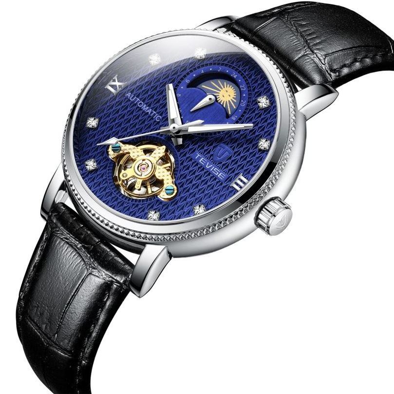 TEVISE T612 antique  blue mens mechanical watch weird Genuine Leather Strap water proof 24 hours moon phase tourbillion watch