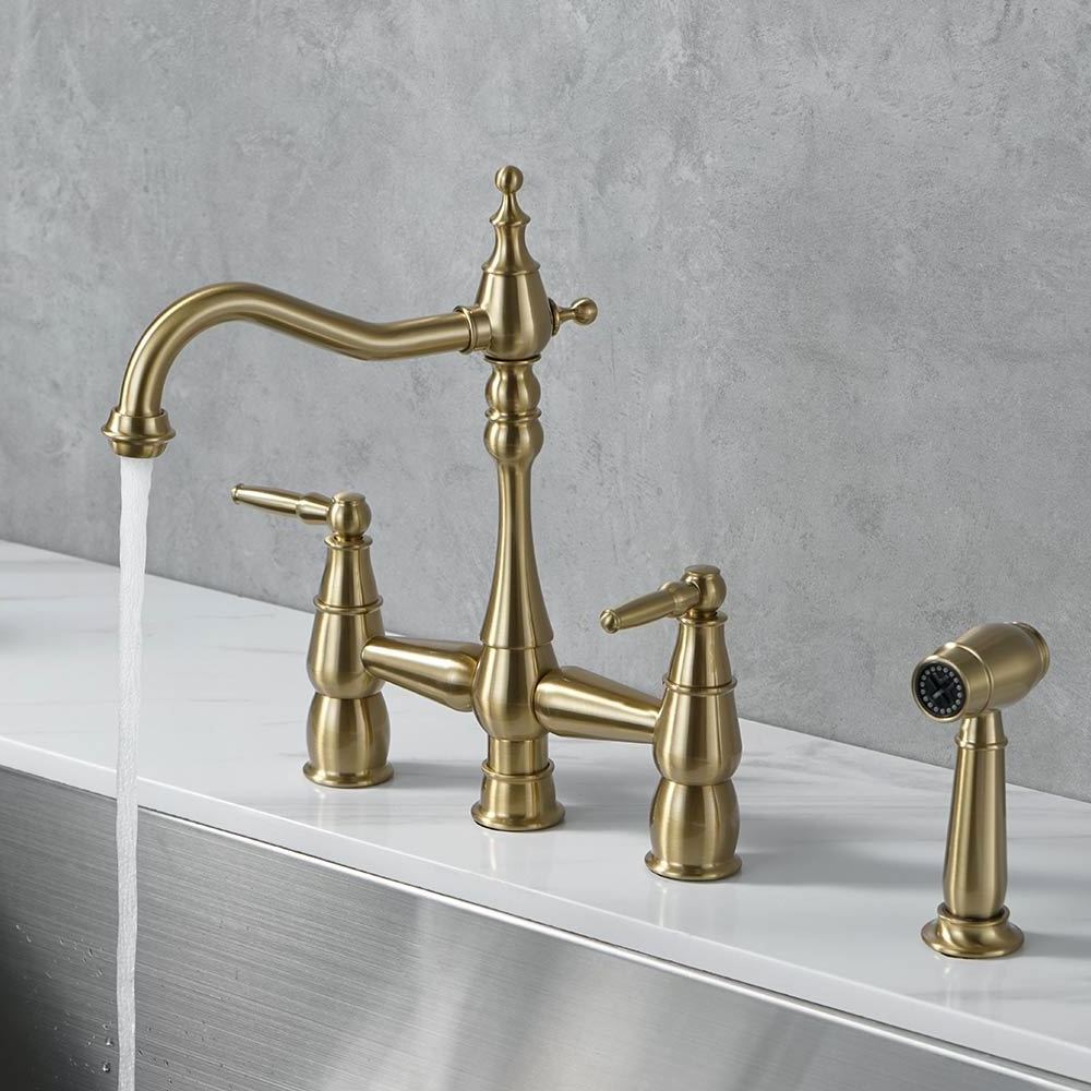 European Style Antique Brass Kitchen Taps 4 Holes Bridge Kitchen Faucet with Pull Out Side Sprayer