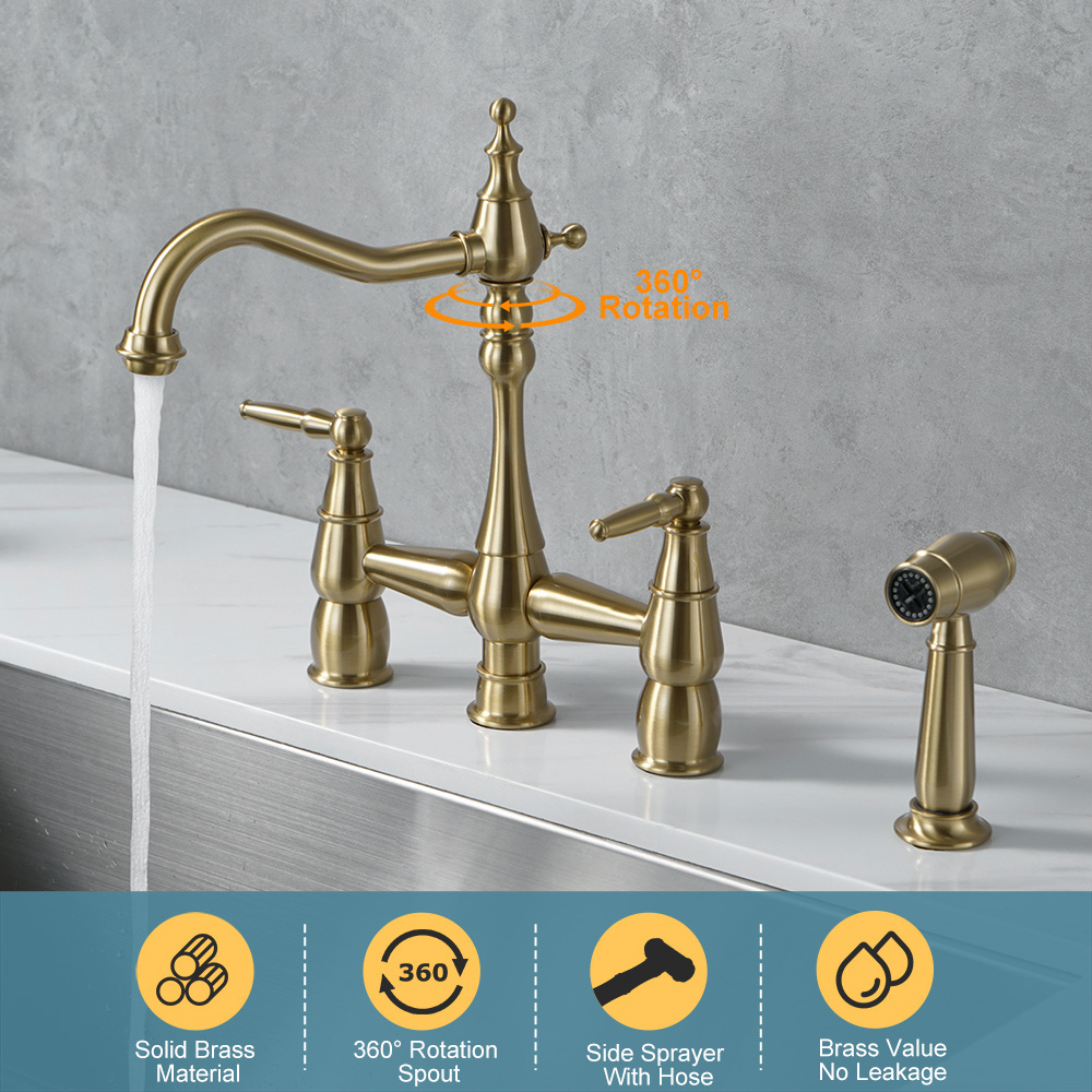 Victorian Design Bridge Kitchen Faucet 4 Holes Brushed Gold Kitchen Faucet with Side Sprayer,Brass Bridge Faucet for Sink