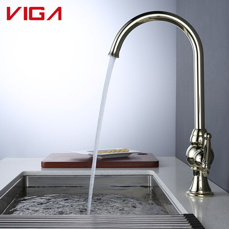 Vintage Style Long Neck Polished Gold Single Handle Water Mixer Tap Brass Deck Mounted Kitchen Sink Faucet