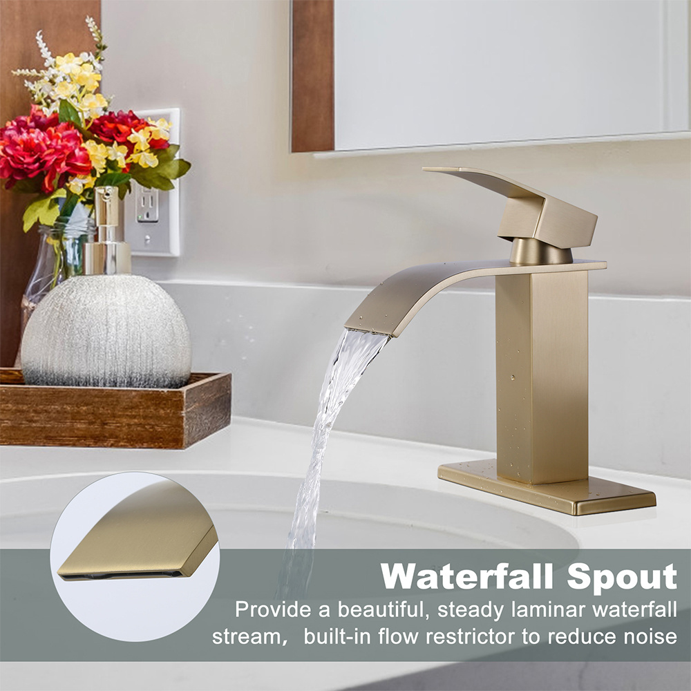 Brush Gold Rv Lavatory Vessel Bathroom Faucet Waterfall Faucet Sink Single Handle Bathroom Sink Faucet