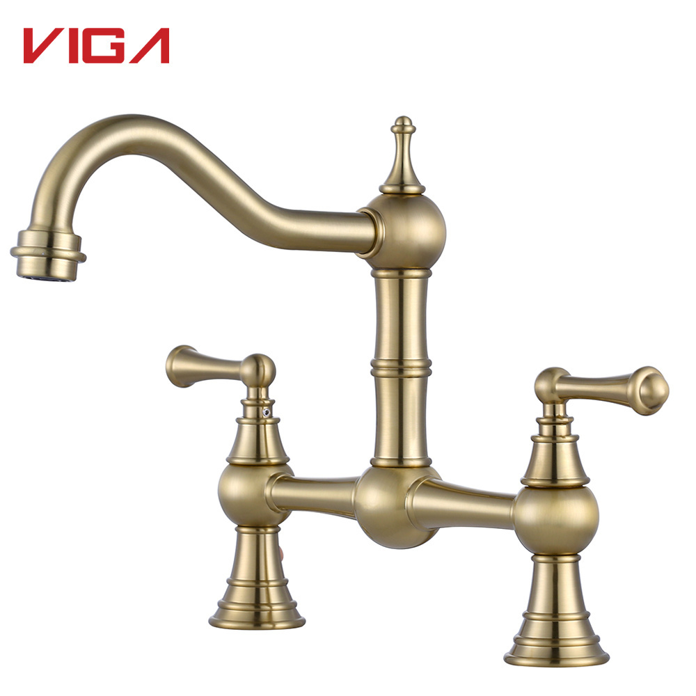 Antique Brass Hot and Cold Water Mixer Tap  2 Handles Kitchen Bridge Sink Faucet