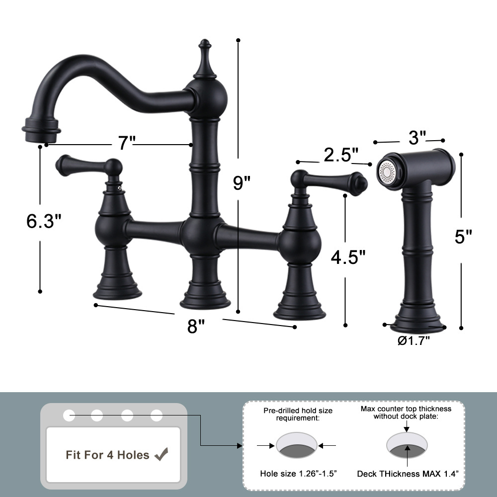 Brass Kitchen Faucet Bridge with Side Sprayer, Antique Faucet for Kitchen Sinks