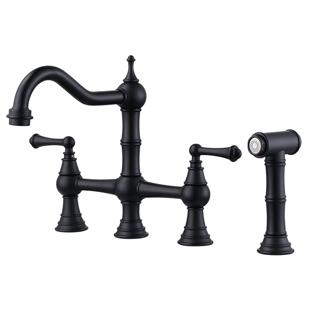 Vintage Black Kitchen Faucet with Pull Out Side Sprayer, 4 Hole 2 Handle 8 Inch Centerset Kitchen Bridge Faucet