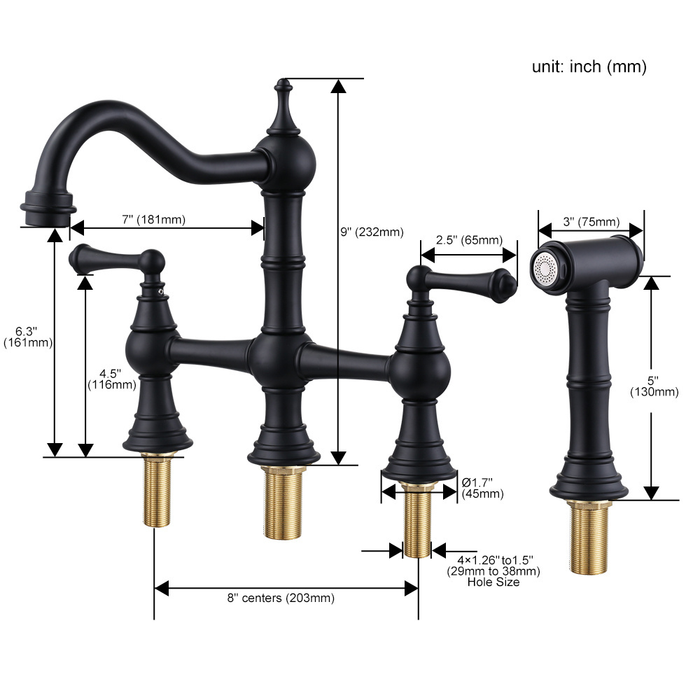 Heritage Brass Kitchen Sink Faucet Bridge with Side Sprayer, 4 Hole 8 Inch Centerset Faucet for Kitchen Sink Tap