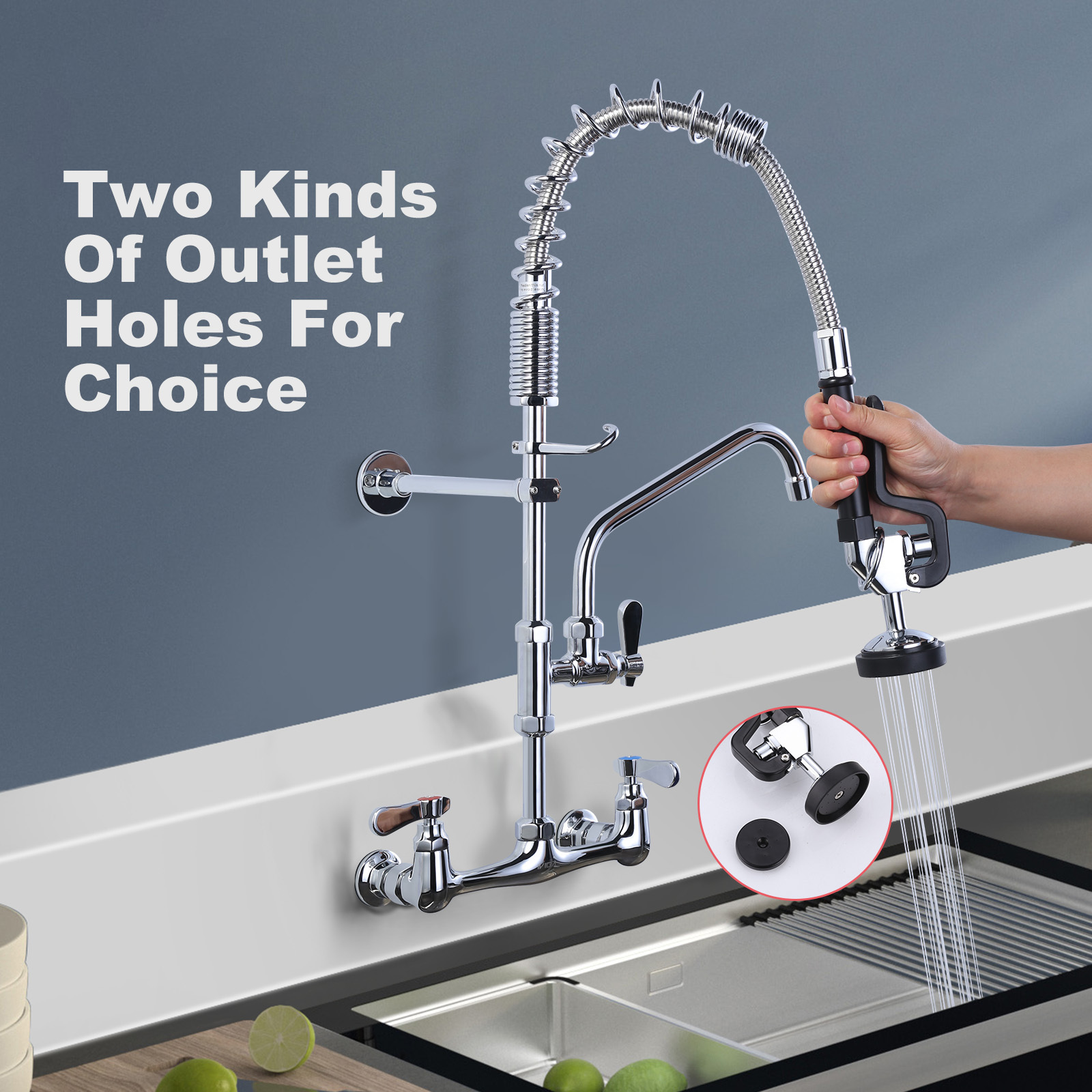 Commercial Restaurant Sink Faucet with Pre-rinse Sprayer Kitchen Mixer Wall Mounted Kitchen Pre Rinse Faucet