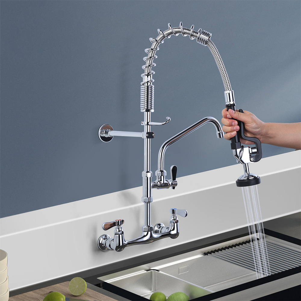 Pre-rinse Sprayer Kitchen Faucet With Add-On Spout,Commercial Pre-Rinse Wall Mounted 2 Holes Kitchen Faucets