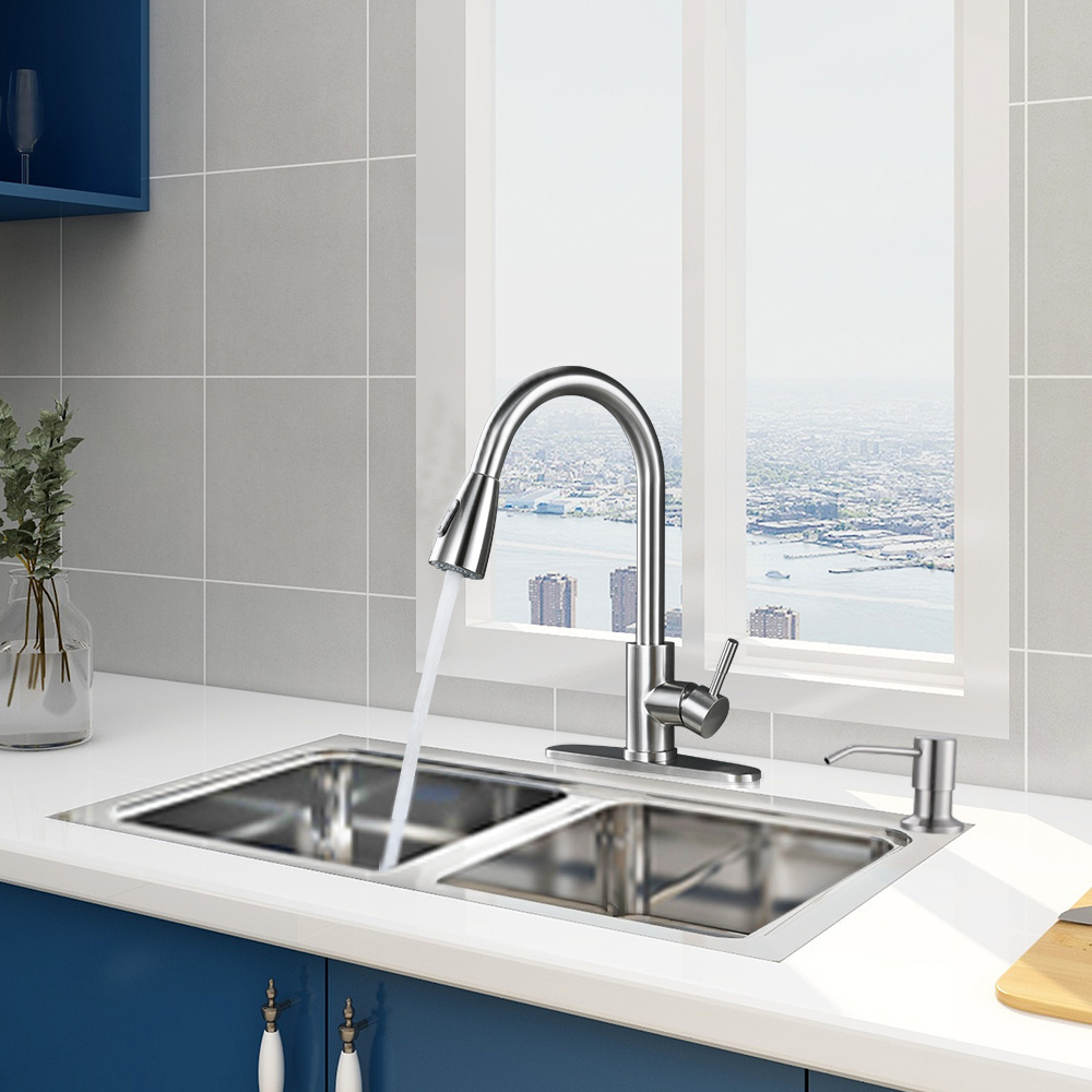 High Arc Kitchen Taps Stainless Steel Pull Down Kitchen Sink Faucet with Soap Dispenser