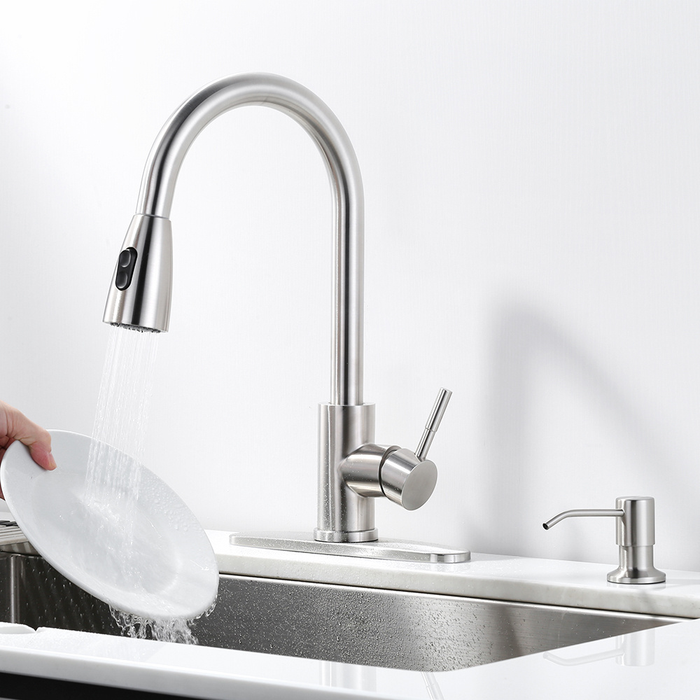 High Arc Kitchen Taps Stainless Steel Pull Down Kitchen Sink Faucet with Soap Dispenser