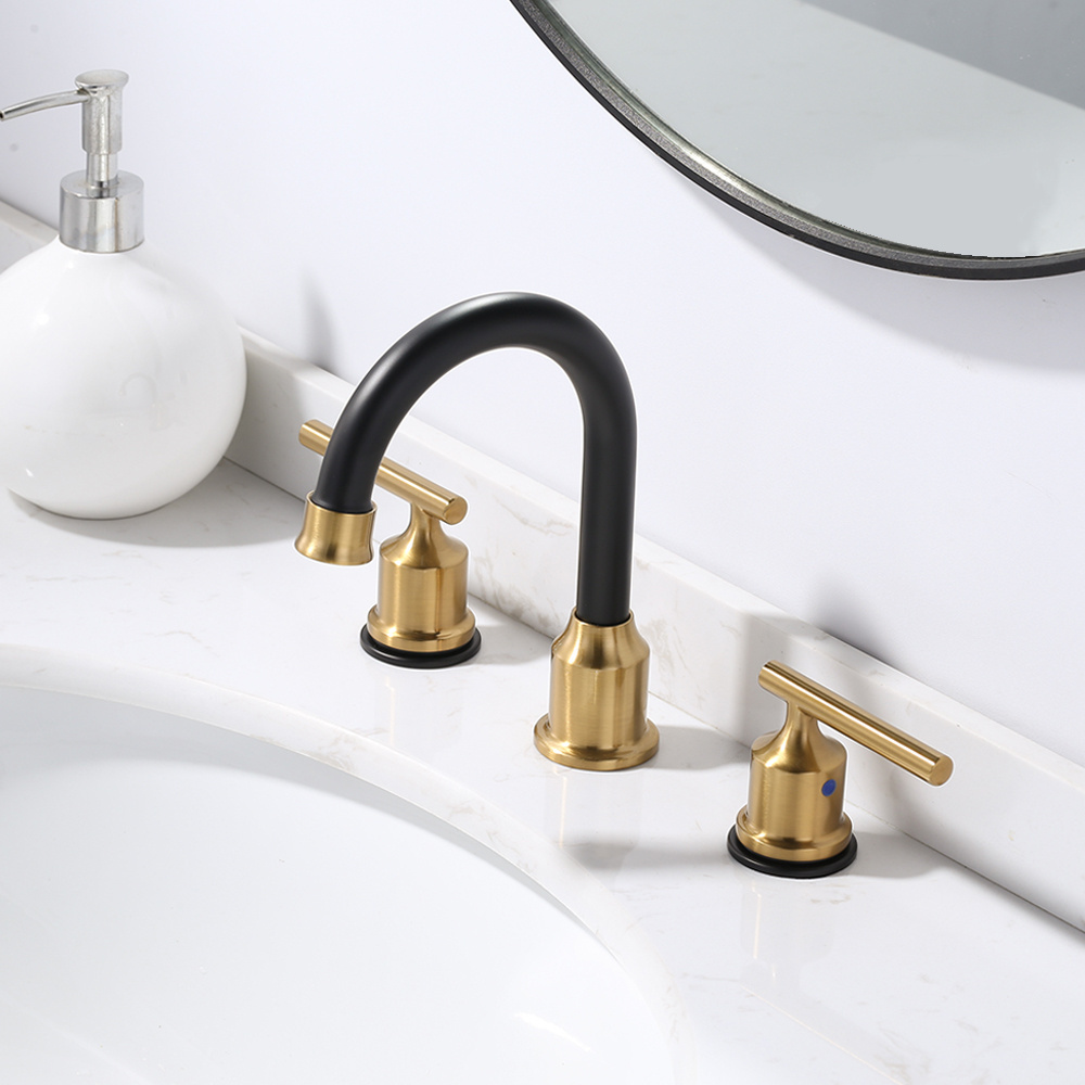 3 Hole 8'' Widespread Bathroom Faucet 2 Handle Black and Gold  Basin Faucet Bathroom Faucet