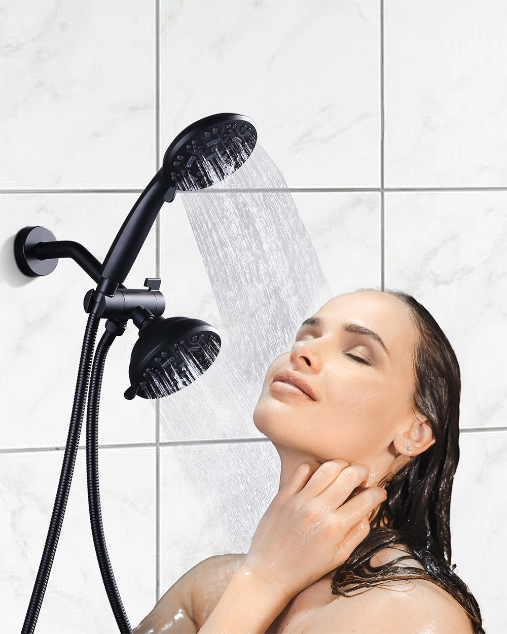 Black 7-Spray Dual Shower Head Combo Set with Handheld Spray Shower Head with Hose and Tub Spout In-wall Shower Faucet