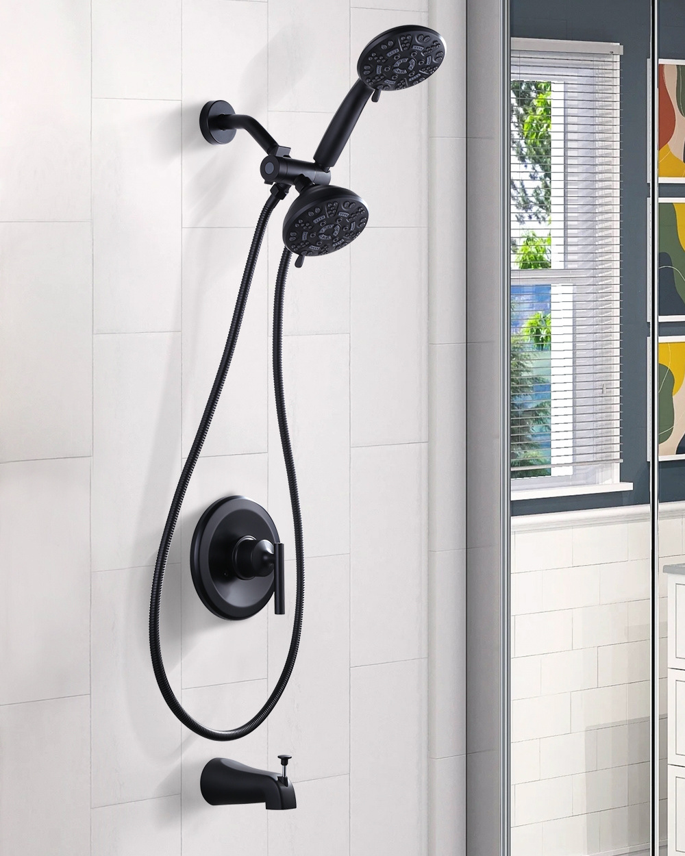 Black 7-Spray Dual Shower Head Combo Set with Handheld Spray Shower Head with Hose and Tub Spout In-wall Shower Faucet