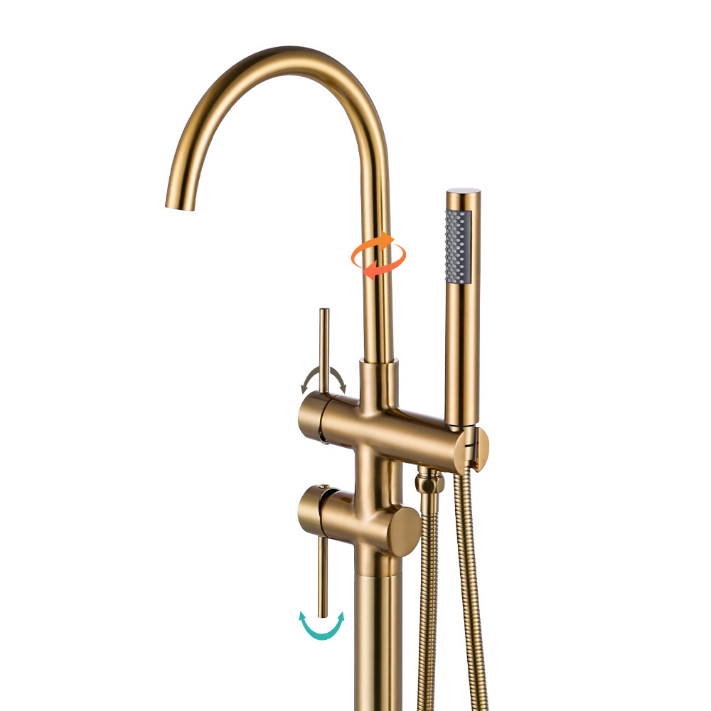 Brass Floor Stand Bathtub Faucet 360 Rotation Spout With Hand Shower Brushed Gold Bathtub Faucet