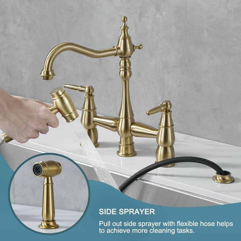 Victorian Design Bridge Kitchen Faucet 4 Holes Brushed Gold Kitchen Faucet with Side Sprayer,Brass Bridge Faucet for Sink