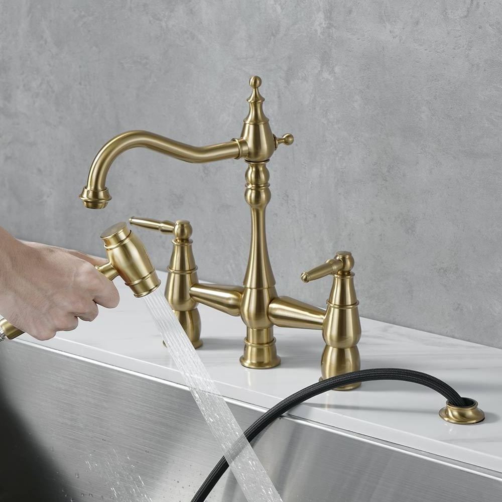 European Style Antique Brass Kitchen Taps 4 Holes Bridge Kitchen Faucet with Pull Out Side Sprayer