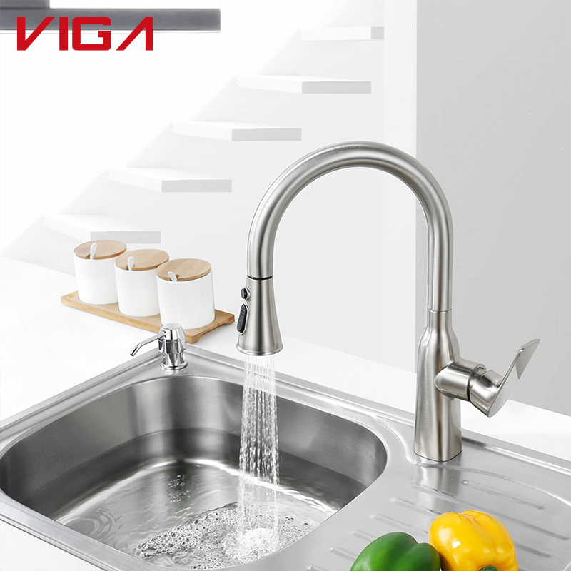 Sink Faucet Deck Mounted Long Neck Pull Out Flexible Hose Mixer Faucet Kitchen Sink Water Tap