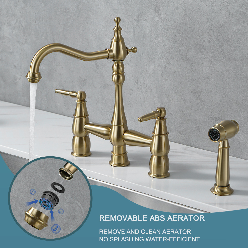 Victorian Design Bridge Kitchen Faucet 4 Holes Brushed Gold Kitchen Faucet with Side Sprayer,Brass Bridge Faucet for Sink