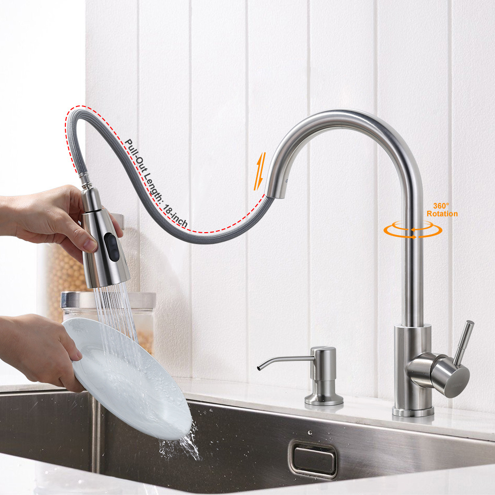 Kitchen Sink Faucet with Pullout Spray 304 Stainless Steel Water Tap Kitchen Mixer Soap Dispenser