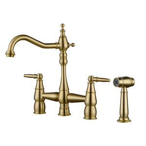 European Style Antique Brass Kitchen Taps 4 Holes Bridge Kitchen Faucet with Pull Out Side Sprayer