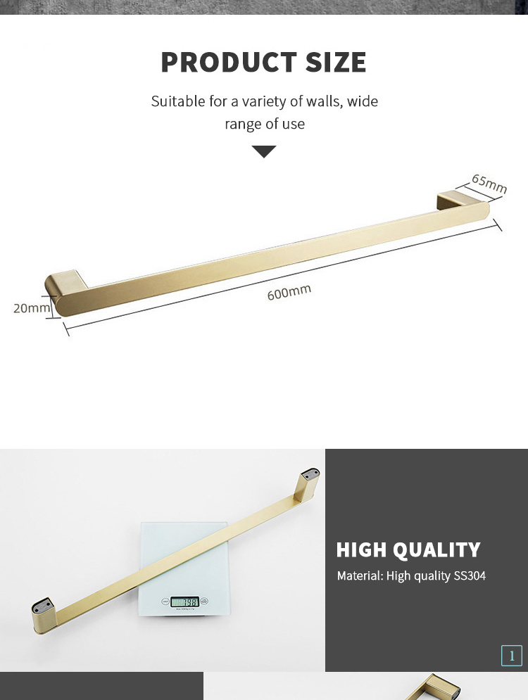 Low Price Bathroom Towel Rack 304 Stainless Steel 24Inch Metal Towel Rail Brushed Gold Single Towel Bar