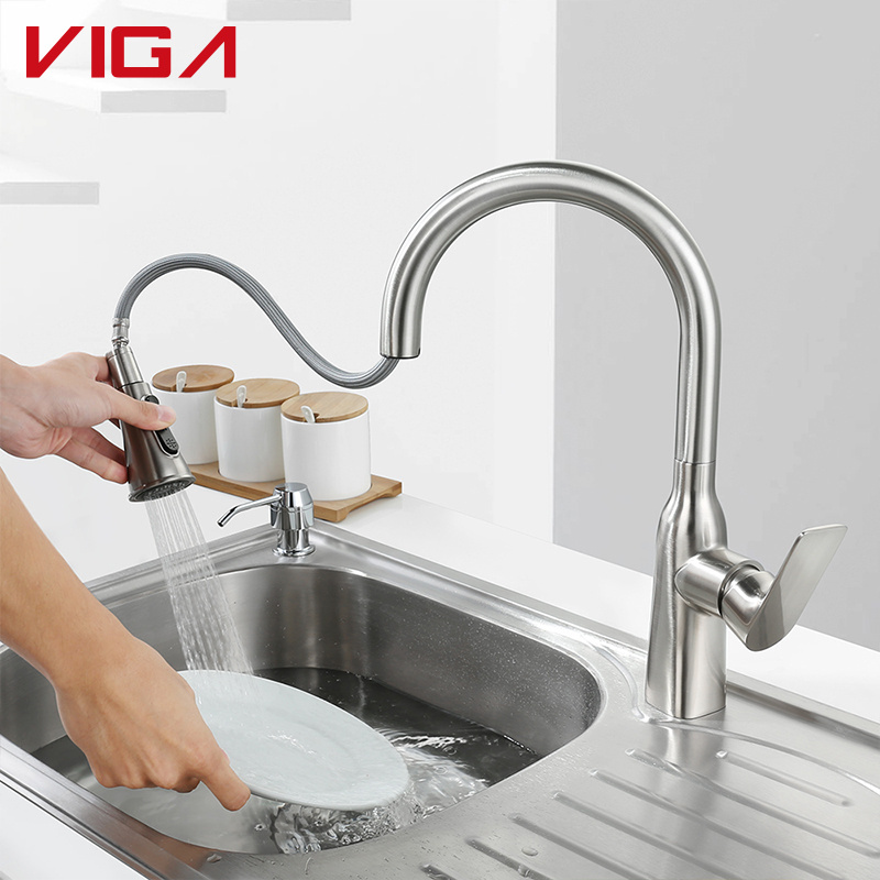 Sink Faucet Deck Mounted Long Neck Pull Out Flexible Hose Mixer Faucet Kitchen Sink Water Tap