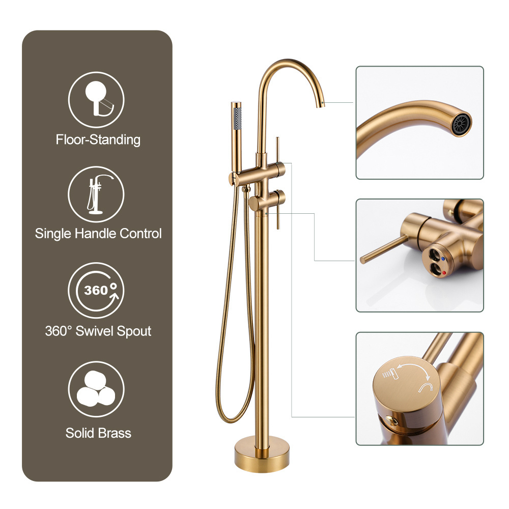 Brass Floor Stand Bathtub Faucet 360 Rotation Spout With Hand Shower Brushed Gold Bathtub Faucet