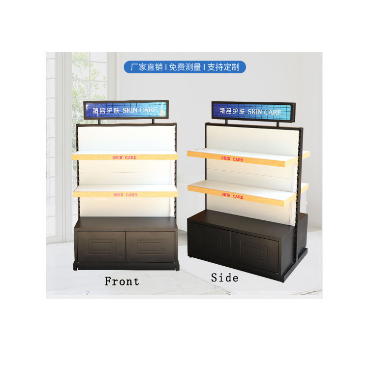 Luxury Classic Customized Wooden Cosmetic Display Stand Solid Wood Cabinet Showcase Shelves with pegboard grid wall panels