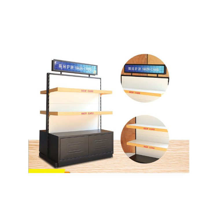 Luxury Classic Customized Wooden Cosmetic Display Stand Solid Wood Cabinet Showcase Shelves with pegboard grid wall panels