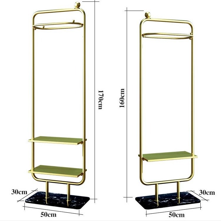 Customized boutique clothing racks with shelves golden clothing store rack hat display stand shoes display bag shelves for store