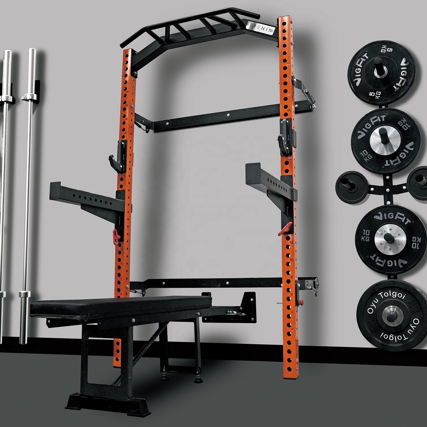 Commercial functional gym and home use fitness equipment wall mounted folding power squat rack with multi-grip bar