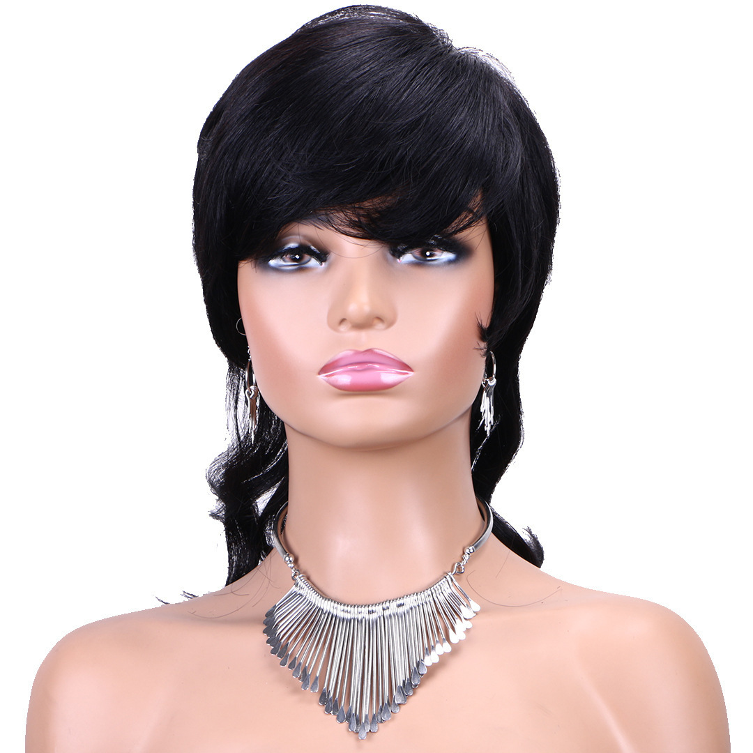 Short Curly Straight Shaggy Layered Fluffy Mullet Wigs for Black Women None Lace Full Machine Made Human Hair Bob Wig with Bangs