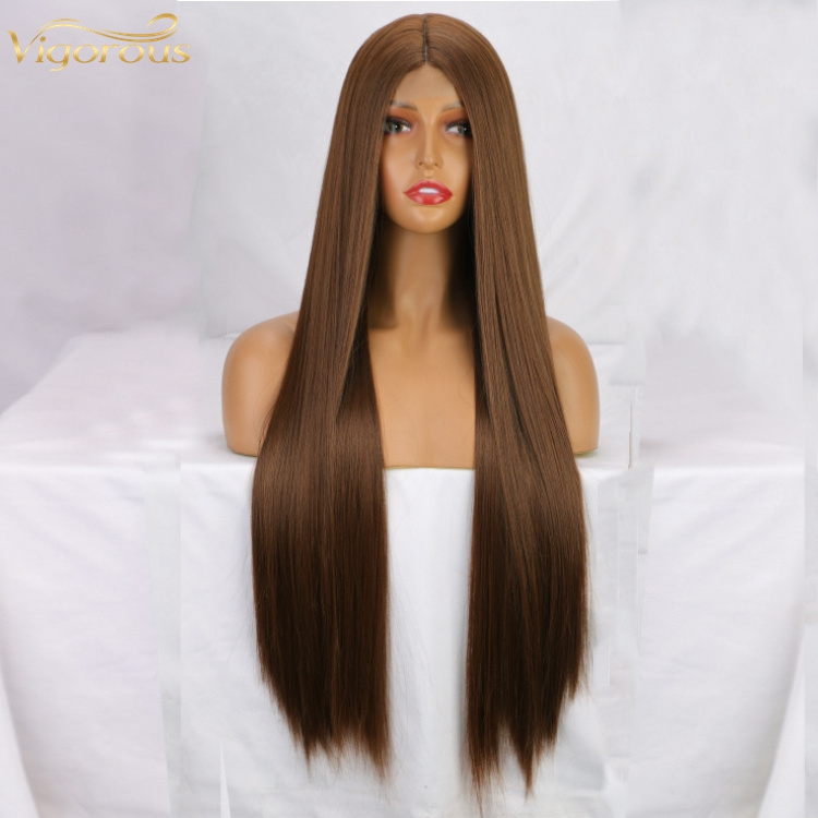 32 Inch Long Straight Dark Brown Lace Wigs for Women and Ladies Natural Hairline Middle Part Synthetic Full Wig