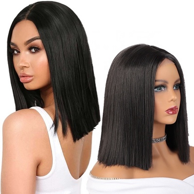 Lowest Price Fiber Short Straight Bob Heat Resistant Bob Cut Black Afro Vendors Glueless Lace Front Wig Synthetic