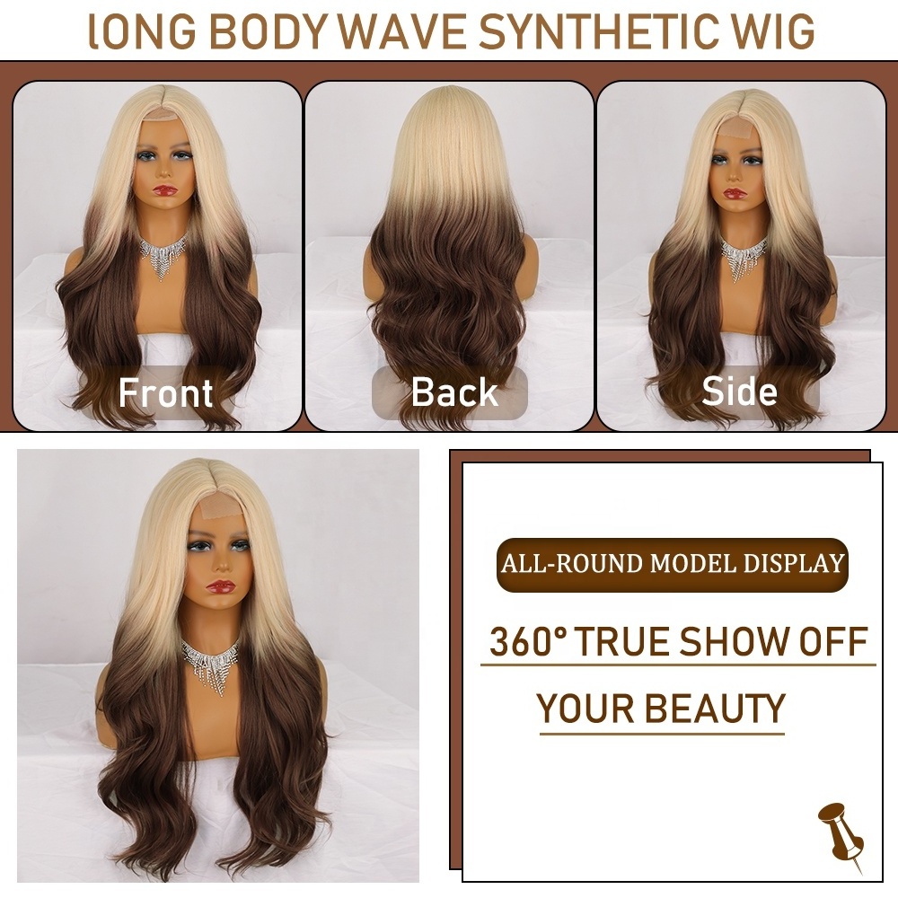 Vigorous cheap premium fiber wig ombre blonde brown synthetic heat resistant fiber long body wave wigs for black women