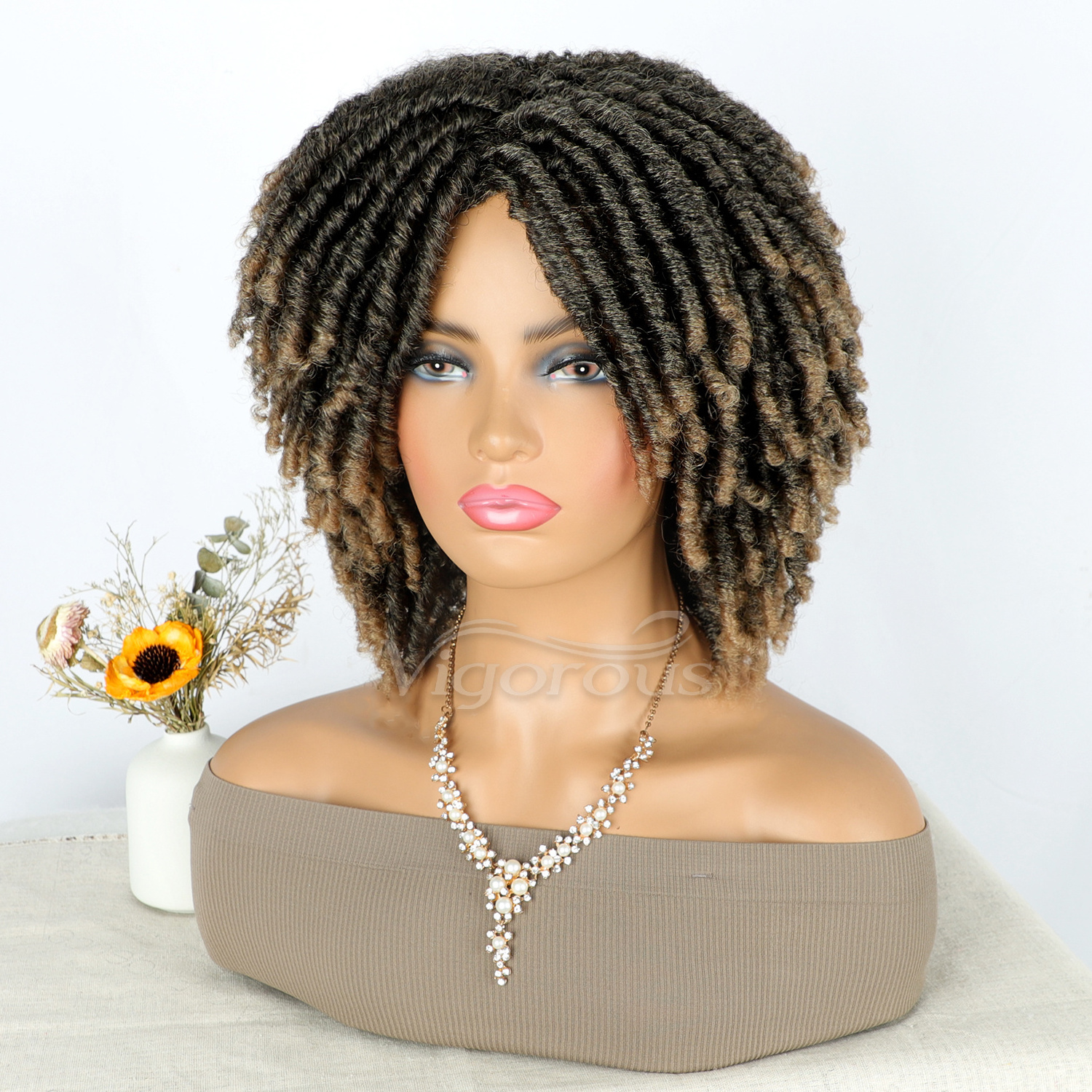 Vigorous Curly Heat Resistant Synthetic Daily Party Glueless Wig Short Braided Twist Dreadlock Wigs for Woman