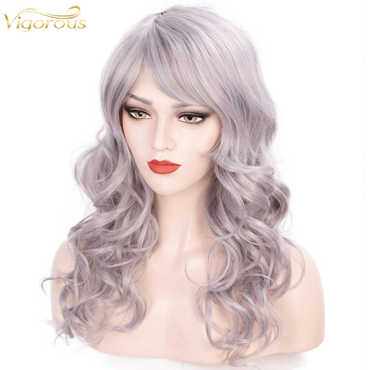 Vigorous No Lace Front  Natural Cosplay Heat Resistant Synthetic 24 Inch Long Wavy Grey Wig For Women Side Part Wig Cosplay Use