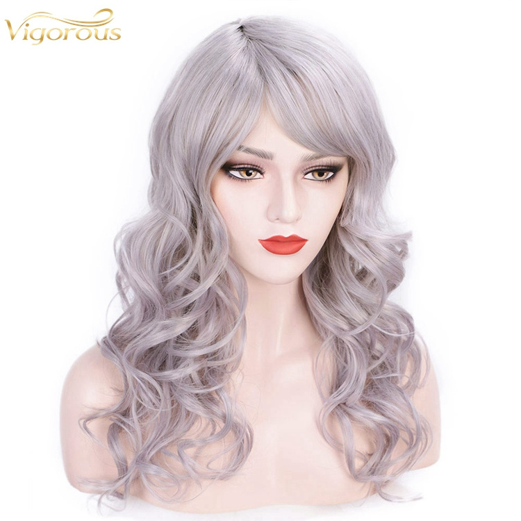 Vigorous No Lace Front  Natural Cosplay Heat Resistant Synthetic 24 Inch Long Wavy Grey Wig For Women Side Part Wig Cosplay Use