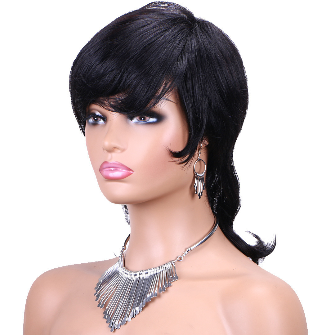 Short Curly Straight Shaggy Layered Fluffy Mullet Wigs for Black Women None Lace Full Machine Made Human Hair Bob Wig with Bangs