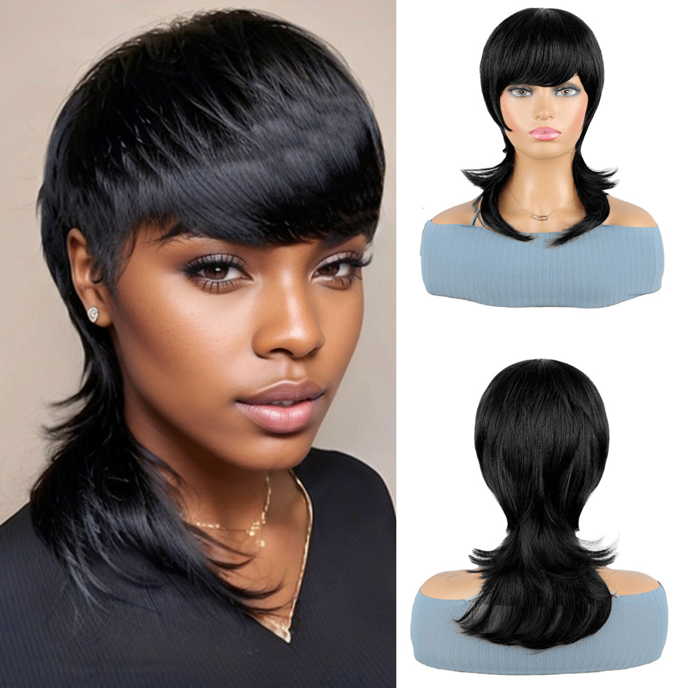 Vigorous Shaggy Layered Shoulder Length Glueless Women's Synthetic Hair Wigs with Bangs Premium Fiber Mullet Wig for Woman