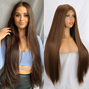 32 Inch Long Straight Dark Brown Lace Wigs for Women and Ladies Natural Hairline Middle Part Synthetic Full Wig