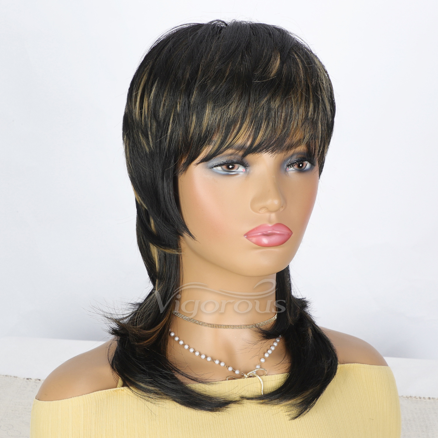 Vigorous Shaggy Layered Shoulder Length Glueless Women's Synthetic Hair Wigs with Bangs Premium Fiber Mullet Wig for Woman