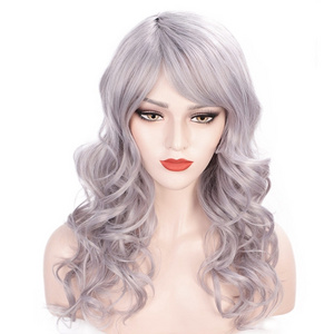 Vigorous No Lace Front  Natural Cosplay Heat Resistant Synthetic 24 Inch Long Wavy Grey Wig For Women Side Part Wig Cosplay Use