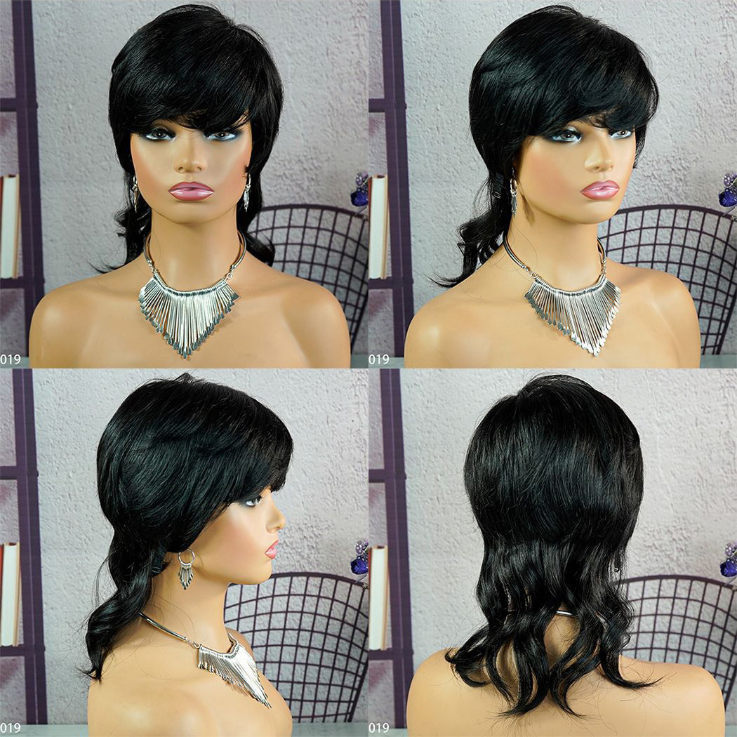 Short Curly Straight Shaggy Layered Fluffy Mullet Wigs for Black Women None Lace Full Machine Made Human Hair Bob Wig with Bangs