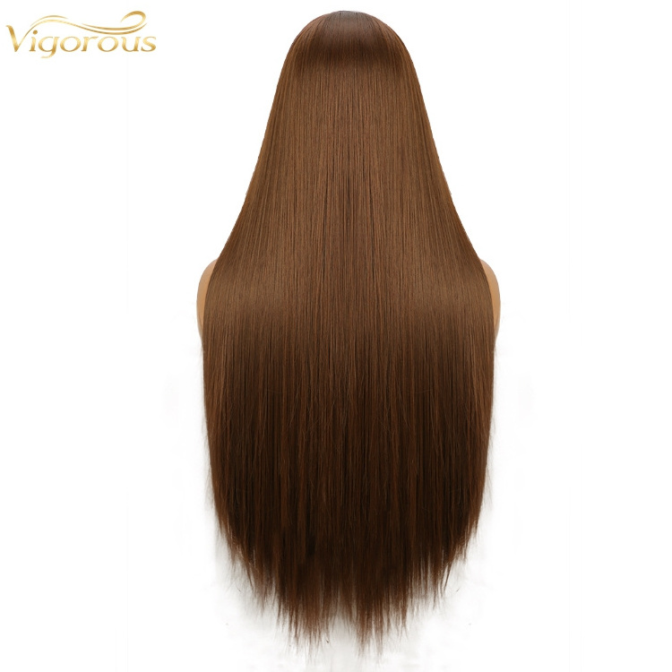 32 Inch Long Straight Dark Brown Lace Wigs for Women and Ladies Natural Hairline Middle Part Synthetic Full Wig