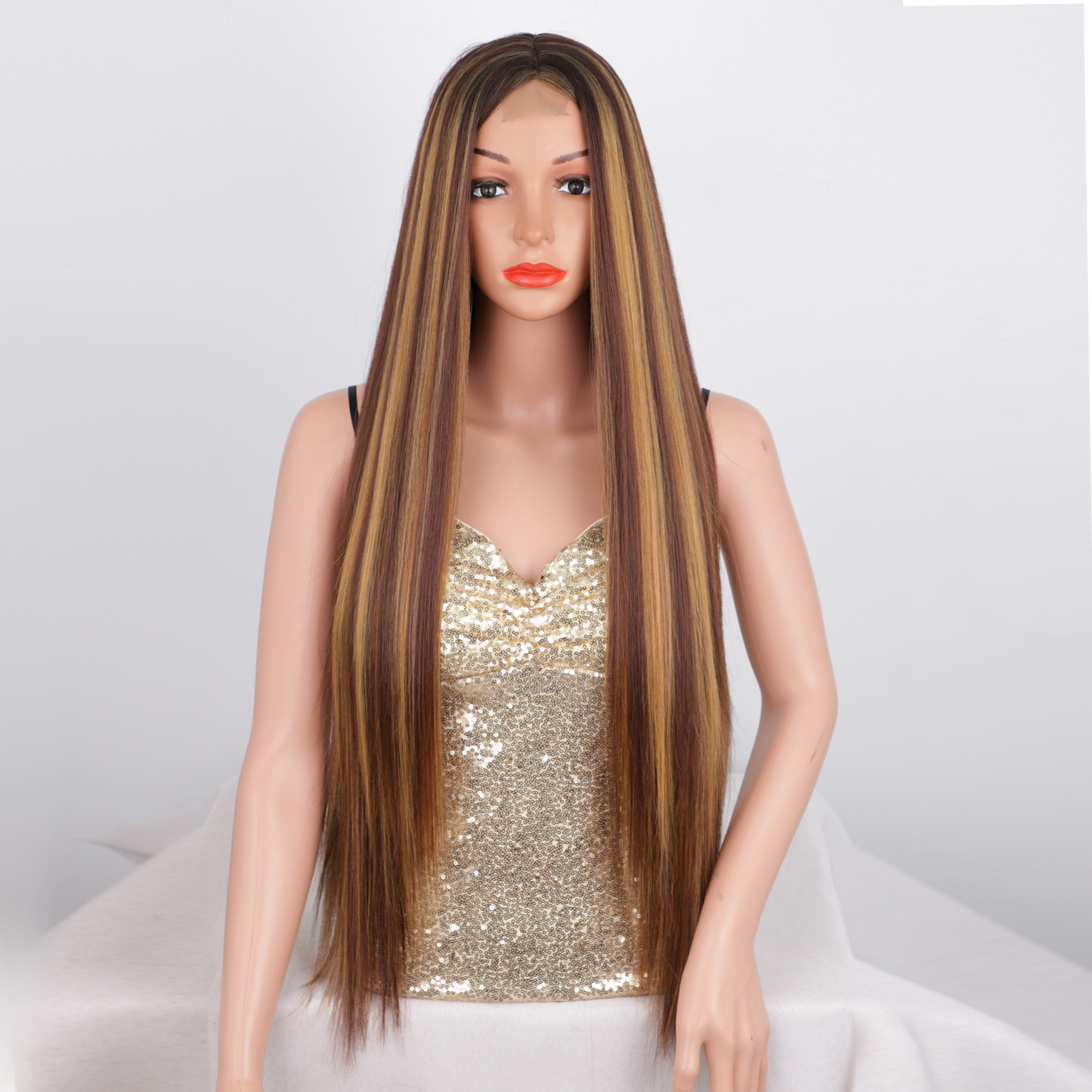 Long straight ombre highlight piano color brown blonde synthetic wig wholesale prices vendor black women heat resistant lace wig