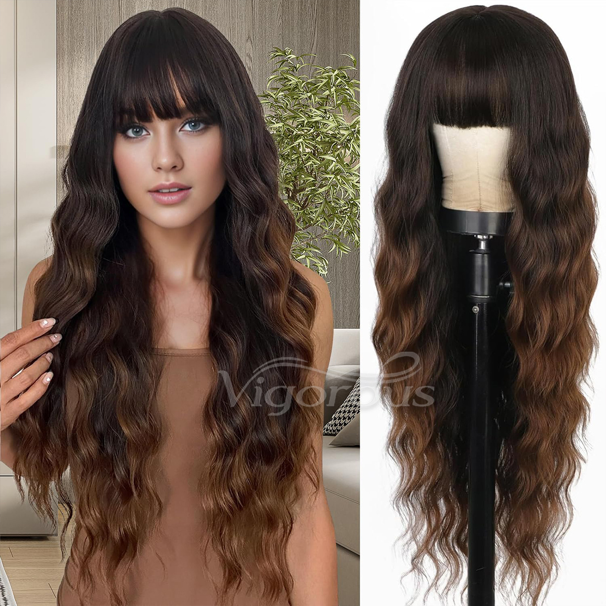 Best Selling Long Body Wave Synthetic Hair Wigs For Sale Cheap High Quality Curly Wavy Heat Resistant Glueless Wig with Bang