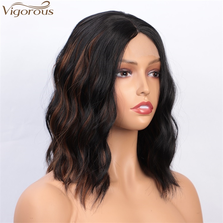 Cheap price body wave two tone color short bob hair curly lace wigs for black women natural looking short synthetic lace wig