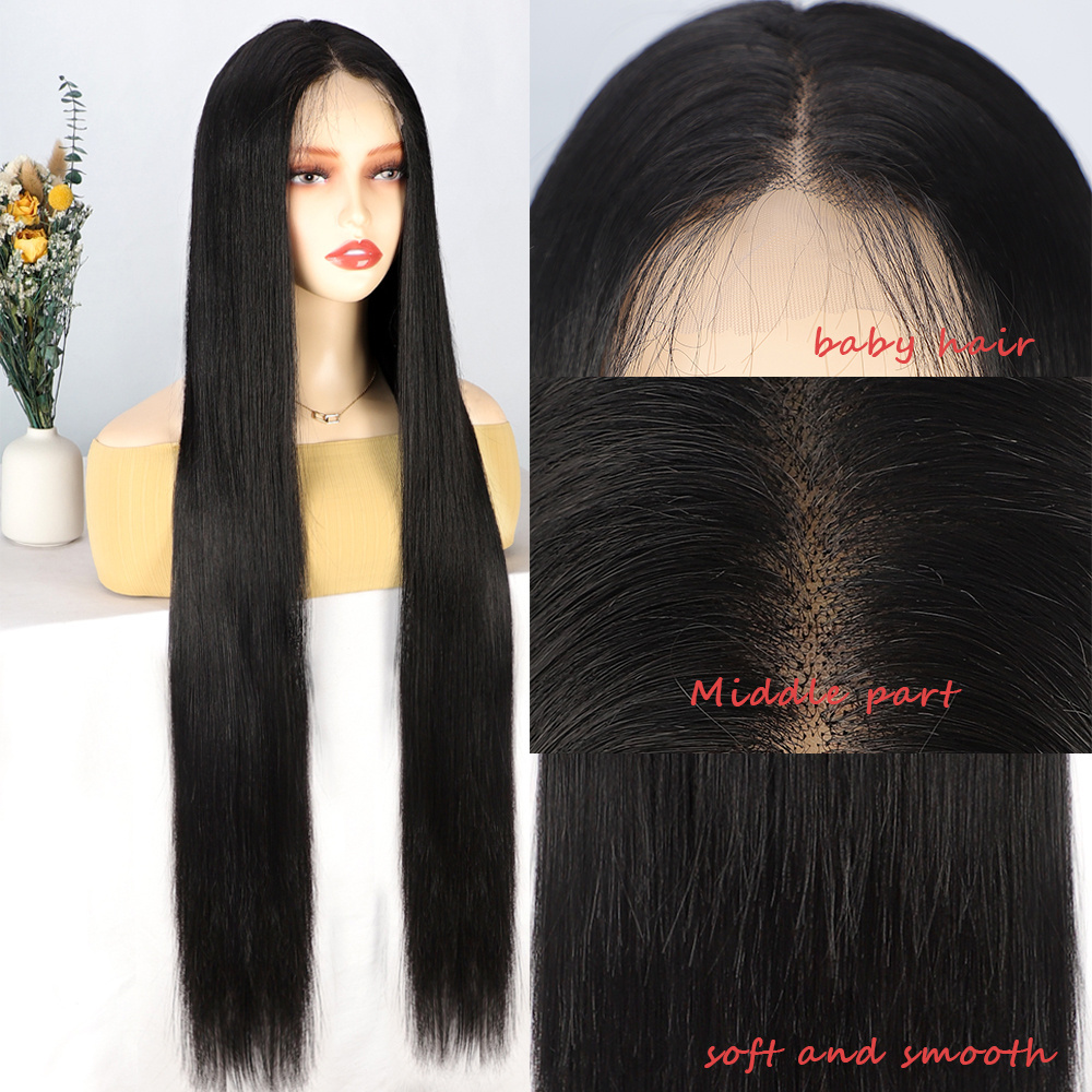 Wholesale 38' high quality cheap synthetic wigs with frontal heat resistant 13*4 lace front long black hair wig for black women