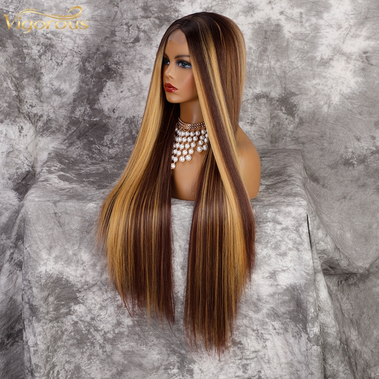 Long straight ombre highlight piano color brown blonde synthetic wig wholesale prices vendor black women heat resistant lace wig