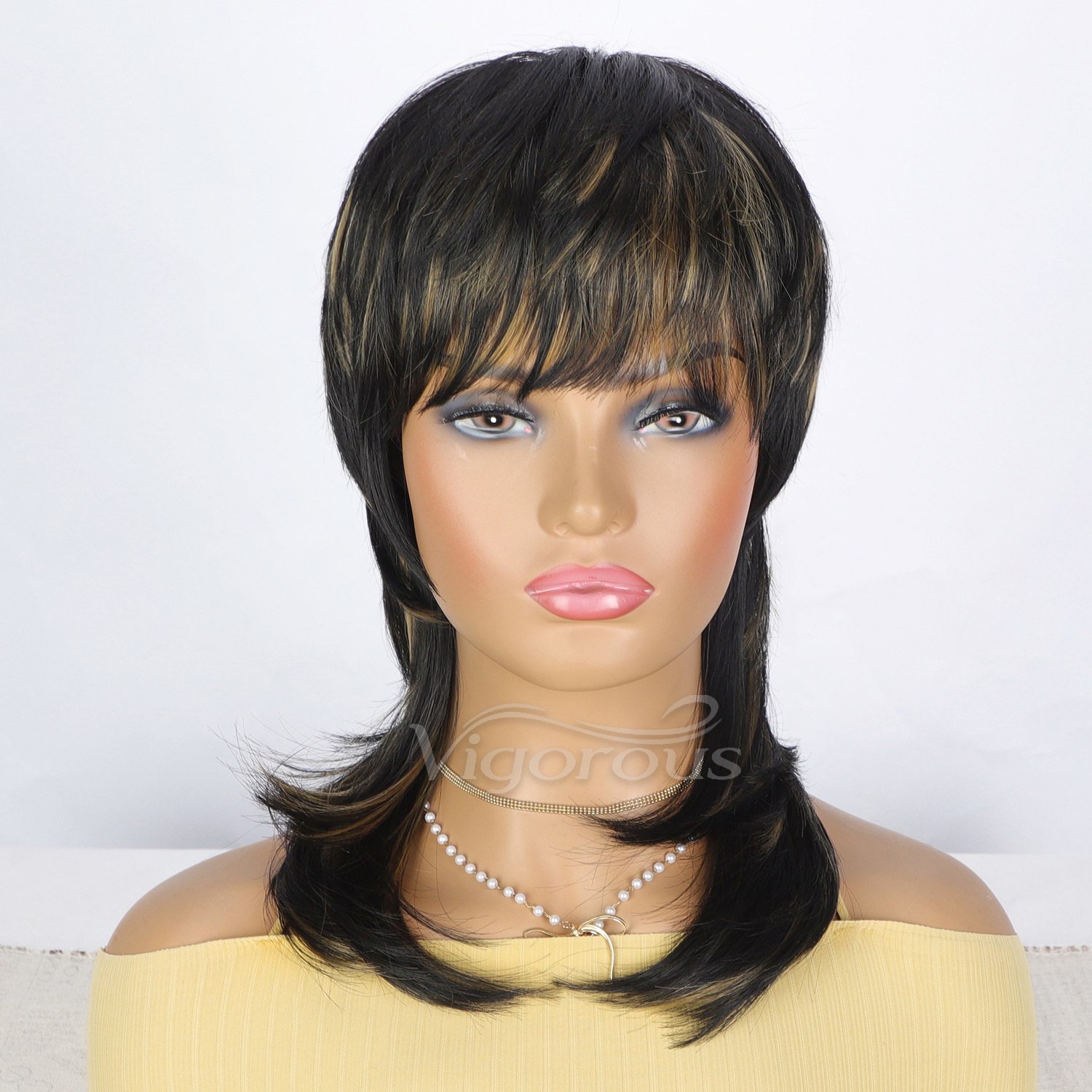 Vigorous Shaggy Layered Shoulder Length Glueless Women's Synthetic Hair Wigs with Bangs Premium Fiber Mullet Wig for Woman